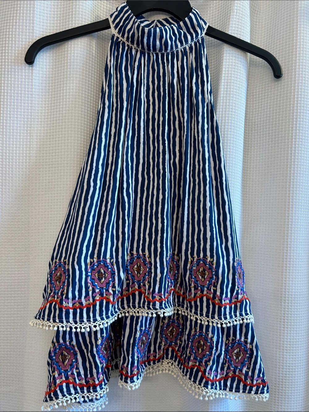 THML Anthropologie Blue Striped Embroidered Tiered Top, Small, EUC, Lined